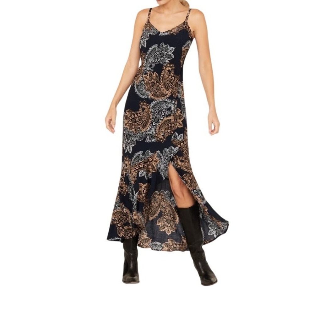 Shyanne Navy Paisley Print Ruffle High Low Maxi Dress Small Boho Western
